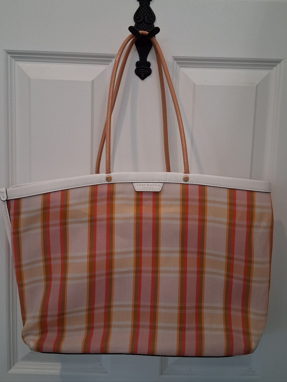 Tory Burch Peach, Pink, Cream and Tan Striped Tote
